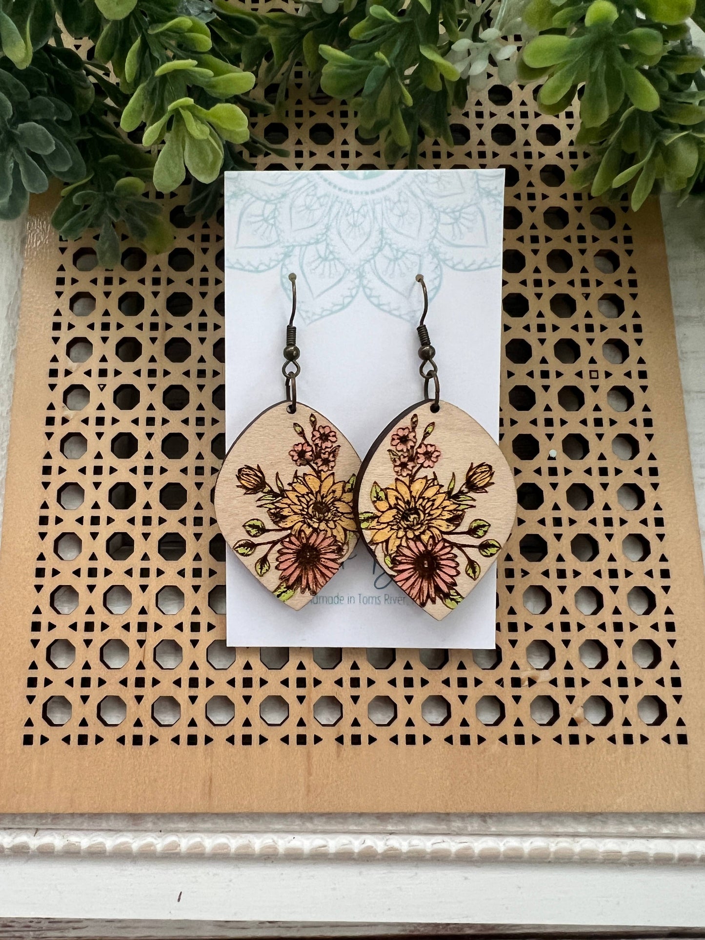 Floral bouquet hand painted lightweight wood earring
