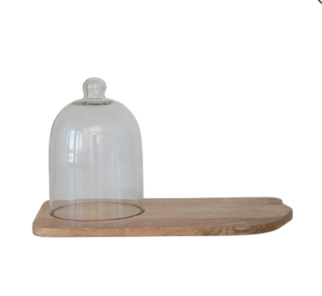 Mango Wood Tray w/ Glass Cloche, Set of 2 New * Tabletop | Wood Bowls | Servers/Boards