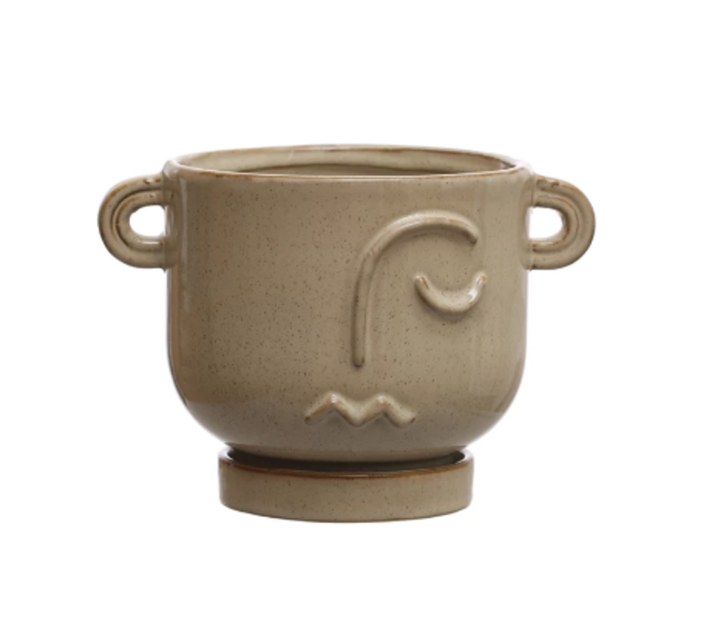 Stoneware Face Planter w/ Handles & Saucer, Set of 2 New Patio & Garden