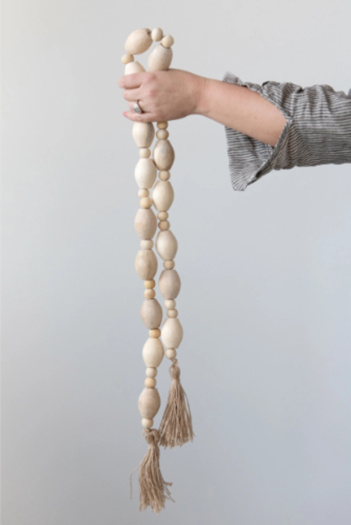 Mango Wood Bead Garland with Jute Tassels
