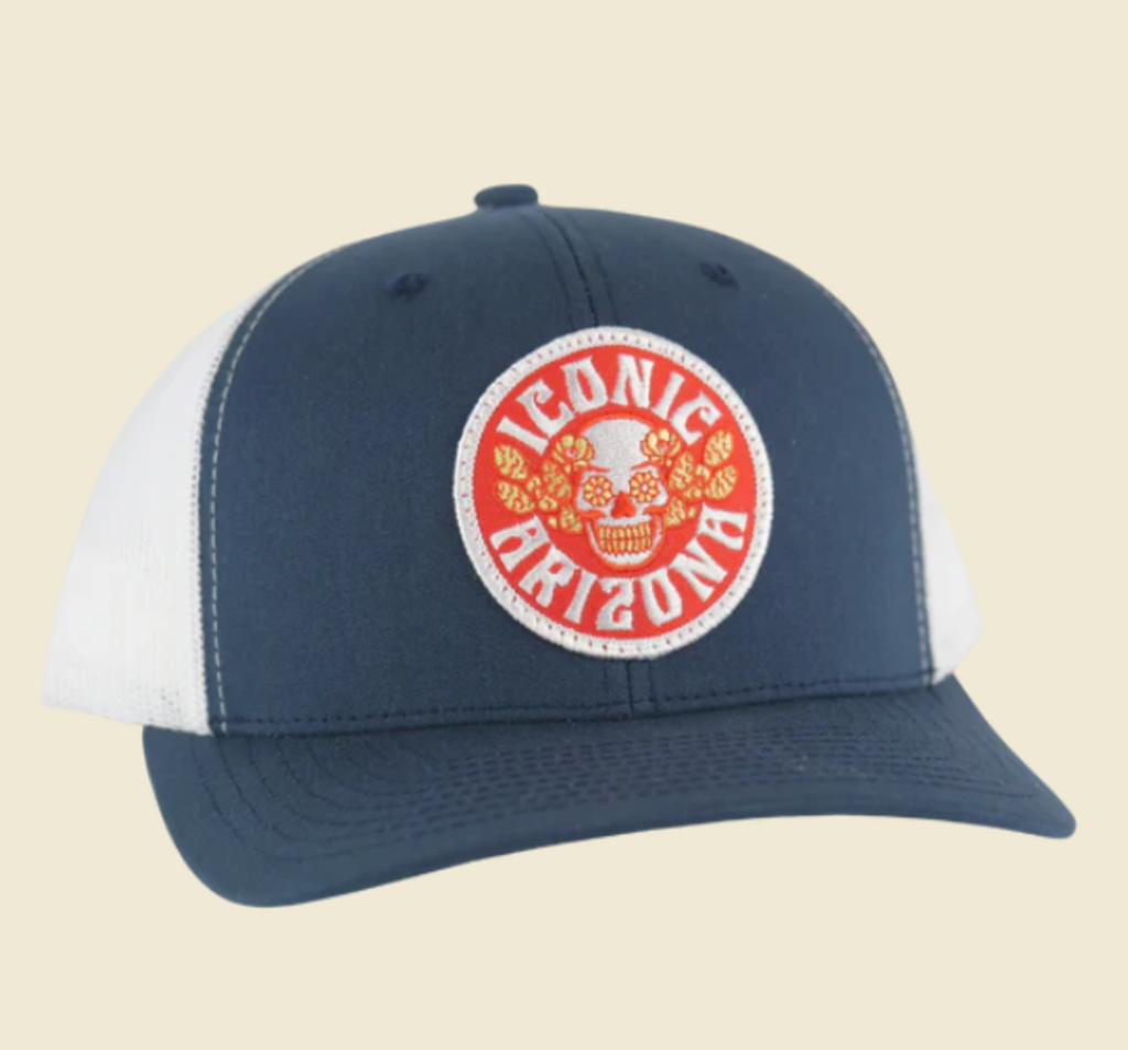 ICONIC ARIZONA Skull and Desert Roses Curved Trucker - Navy/White