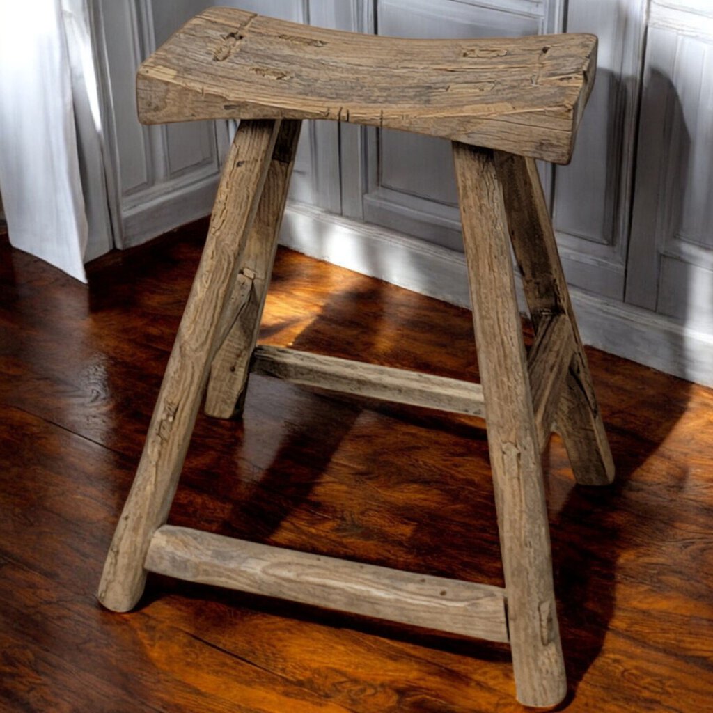 6276 Antique Asian Distressed Wooden Stool