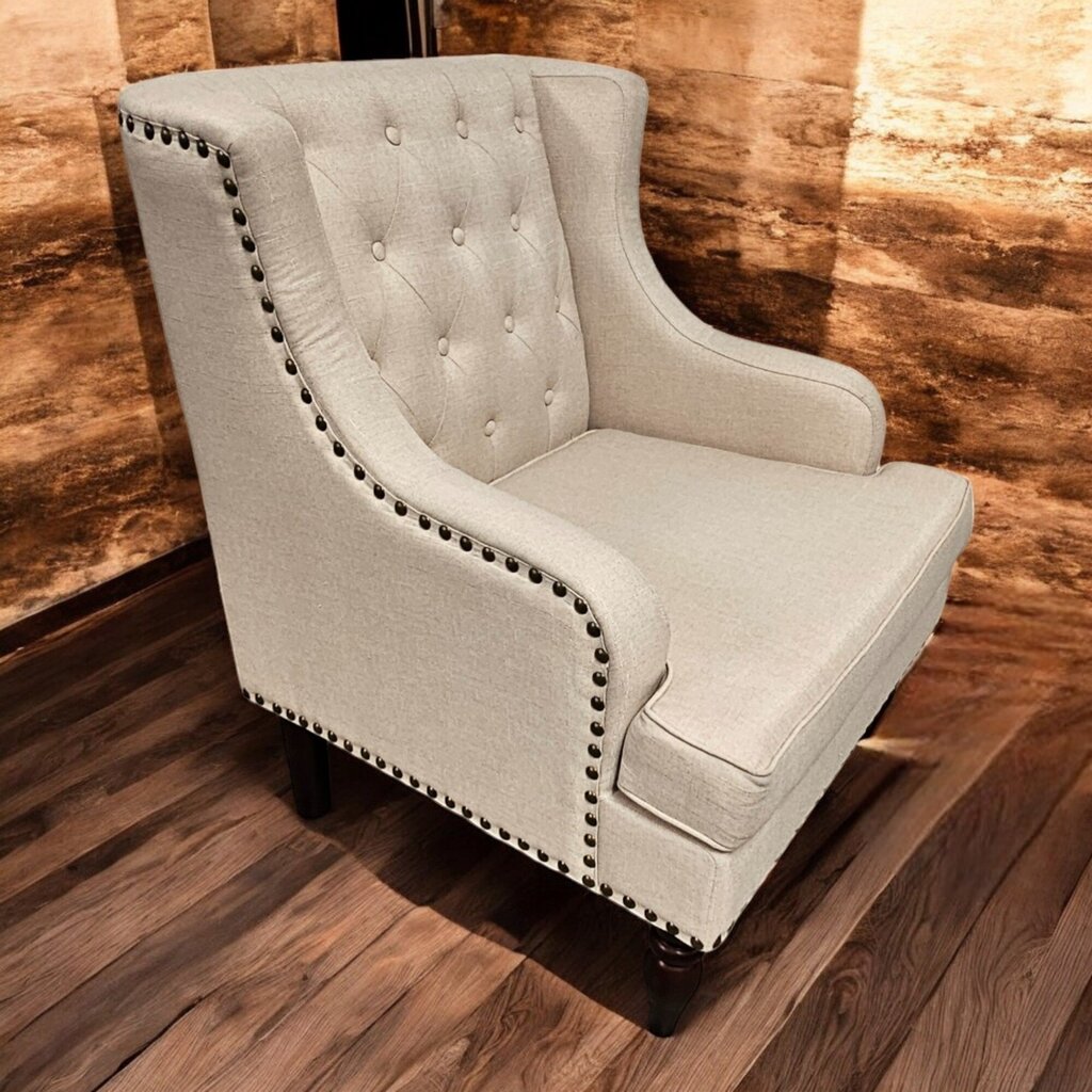 6483 Tufted Beige Upholstered Arm #Chair with Nailhead Trim