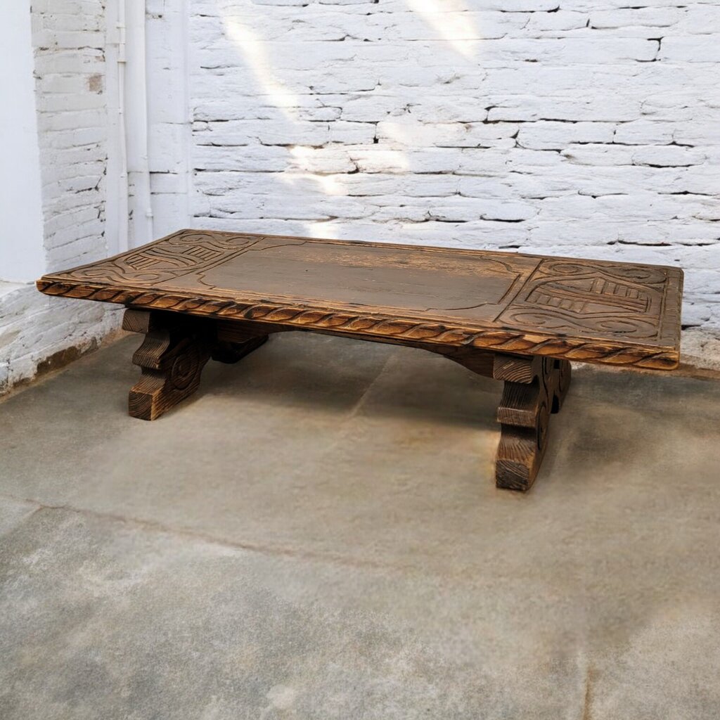 6490 Solid Wood Slab Ornately Carved Coffee #Table