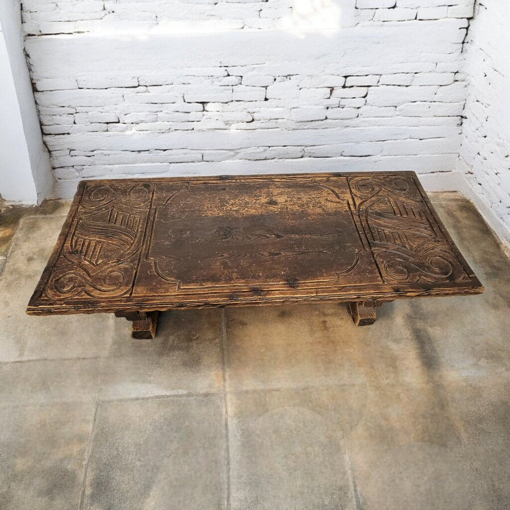 6490 Solid Wood Slab Ornately Carved Coffee #Table