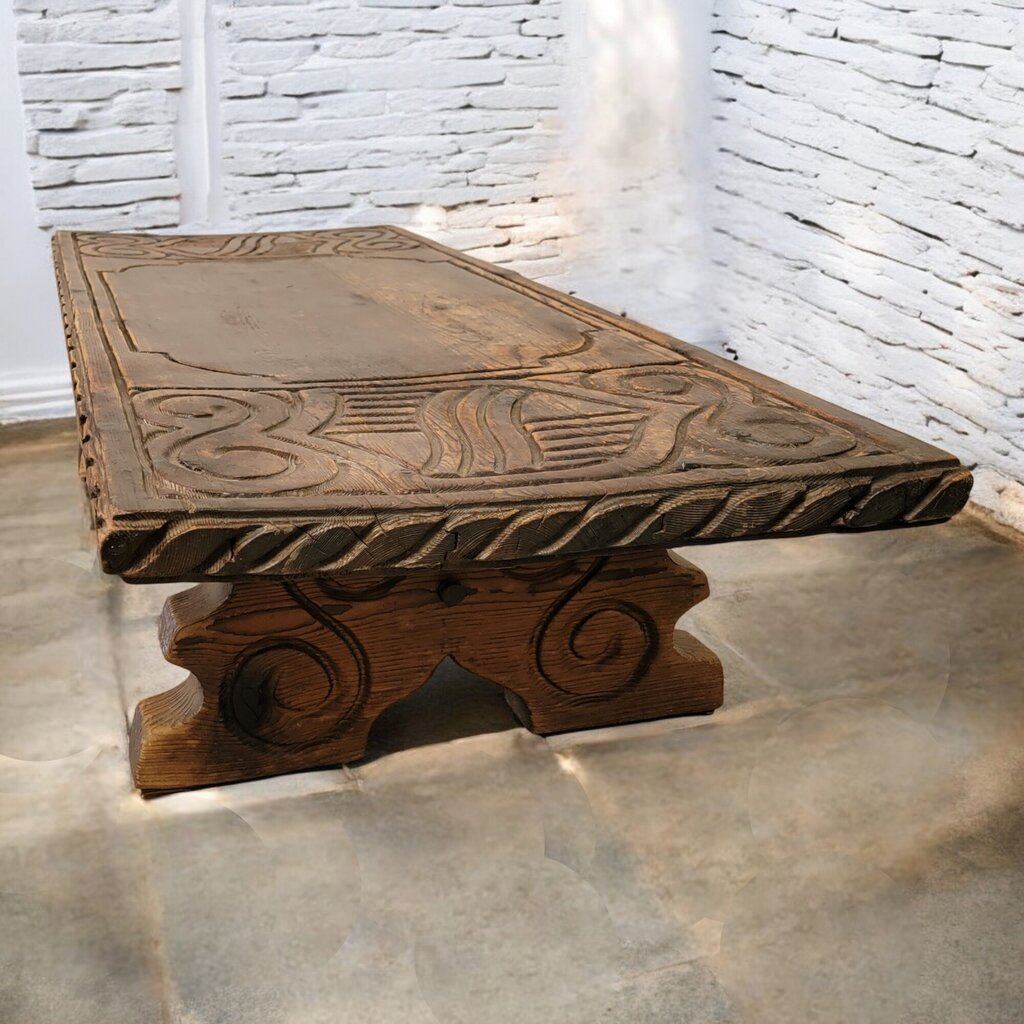 6490 Solid Wood Slab Ornately Carved Coffee #Table