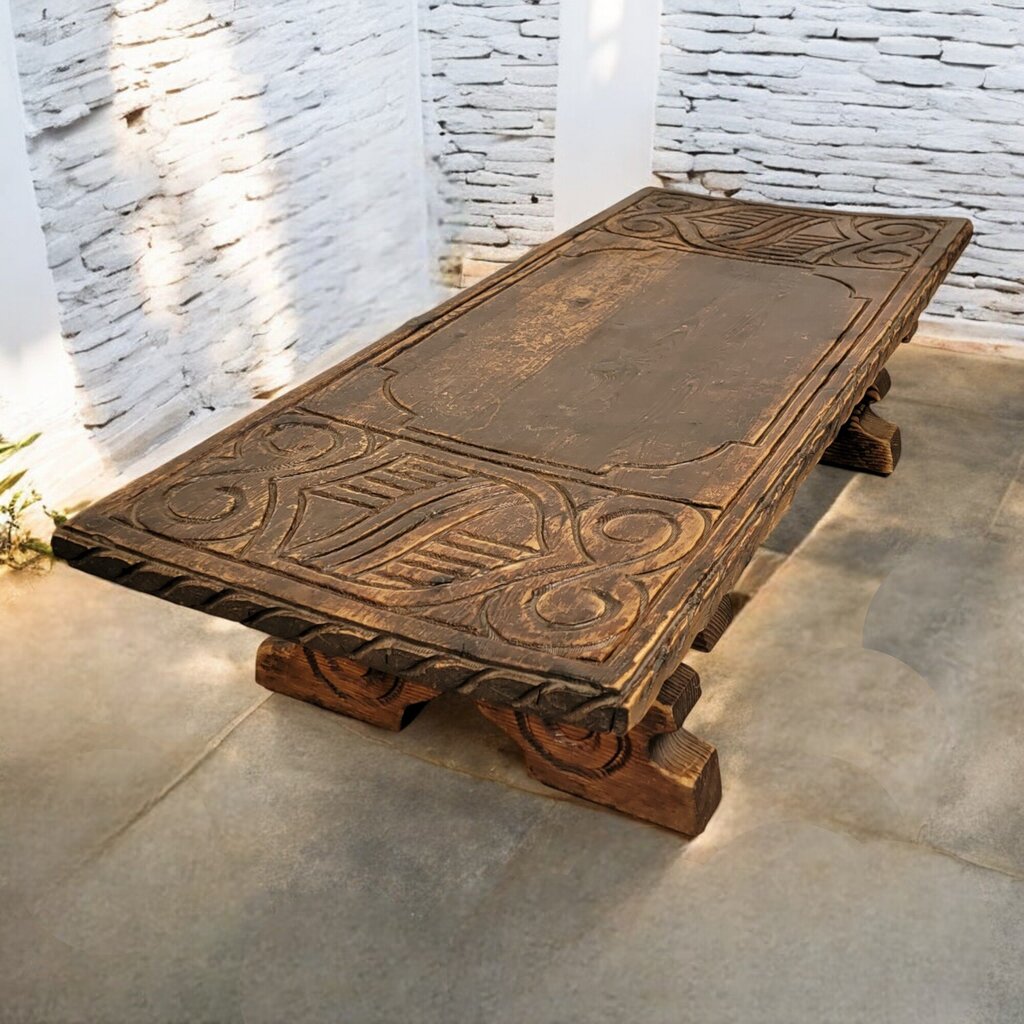 6490 Solid Wood Slab Ornately Carved Coffee #Table