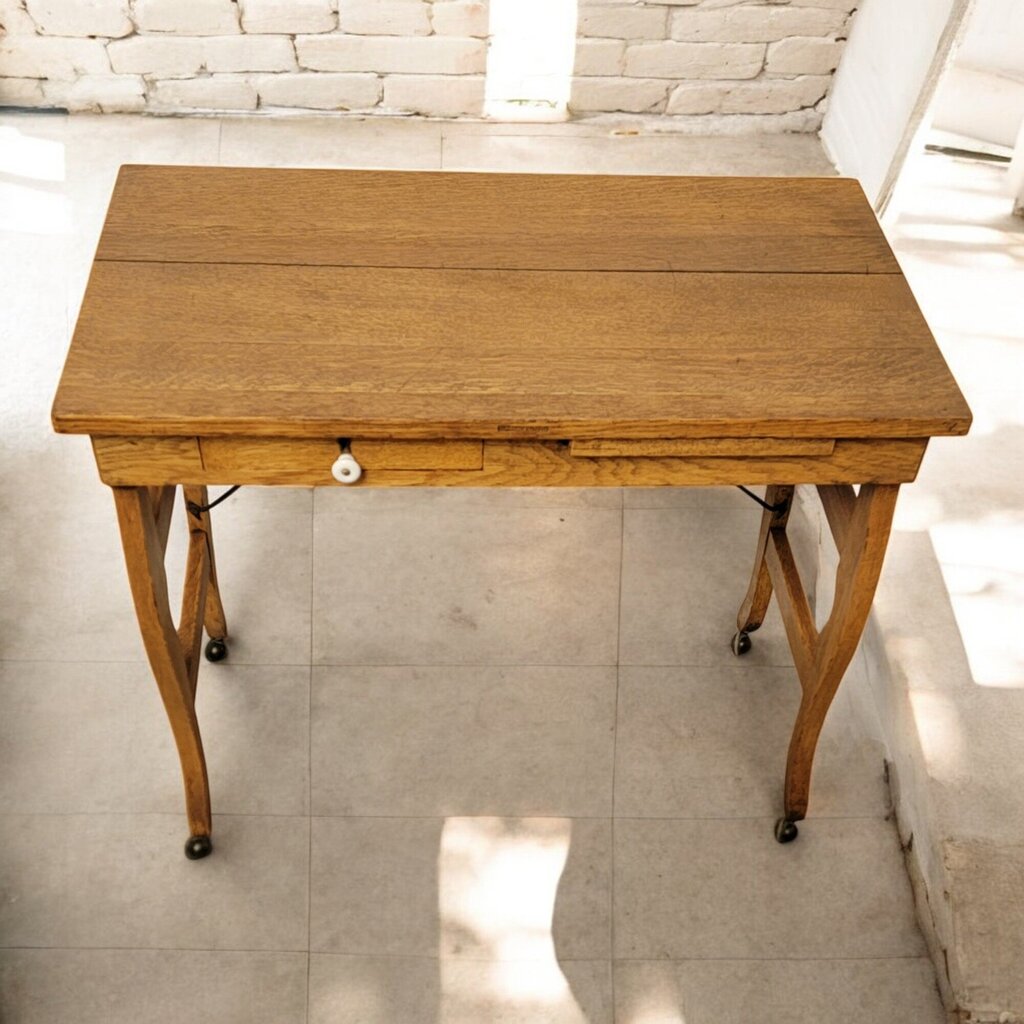 6586 Circa 1916 Antique Oak Folding Desk on Wheels