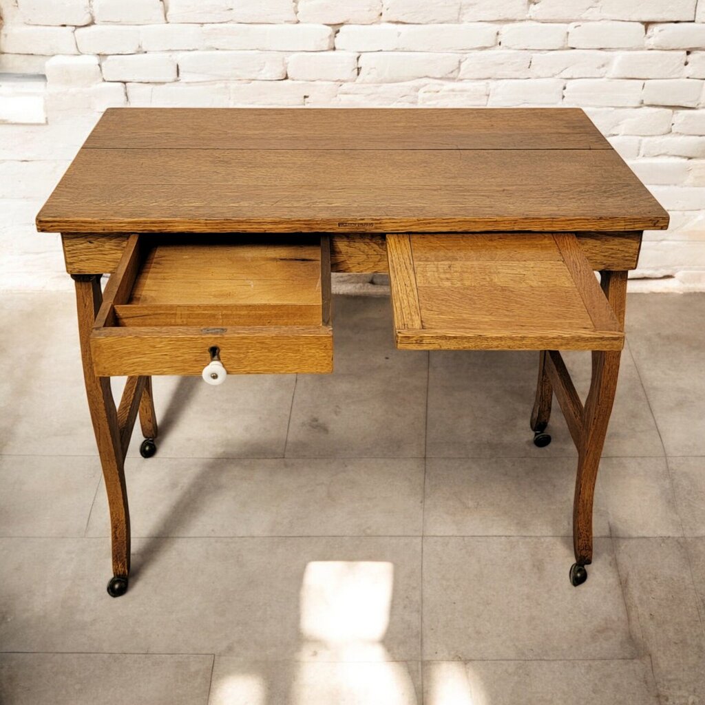 6586 Circa 1916 Antique Oak Folding Desk on Wheels