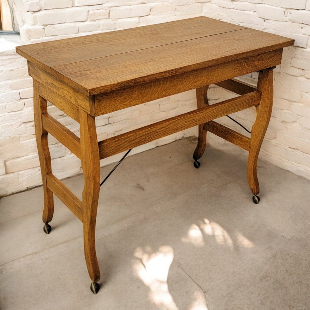 6586 Circa 1916 Antique Oak Folding Desk on Wheels
