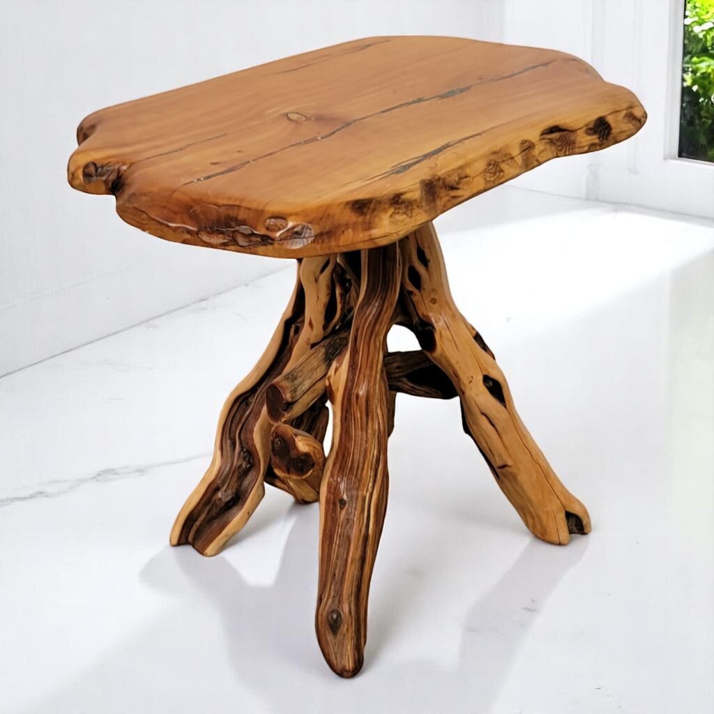 6632 Oval Mesquite Wood Slab and Branches Side #Table with Malachite Inlay