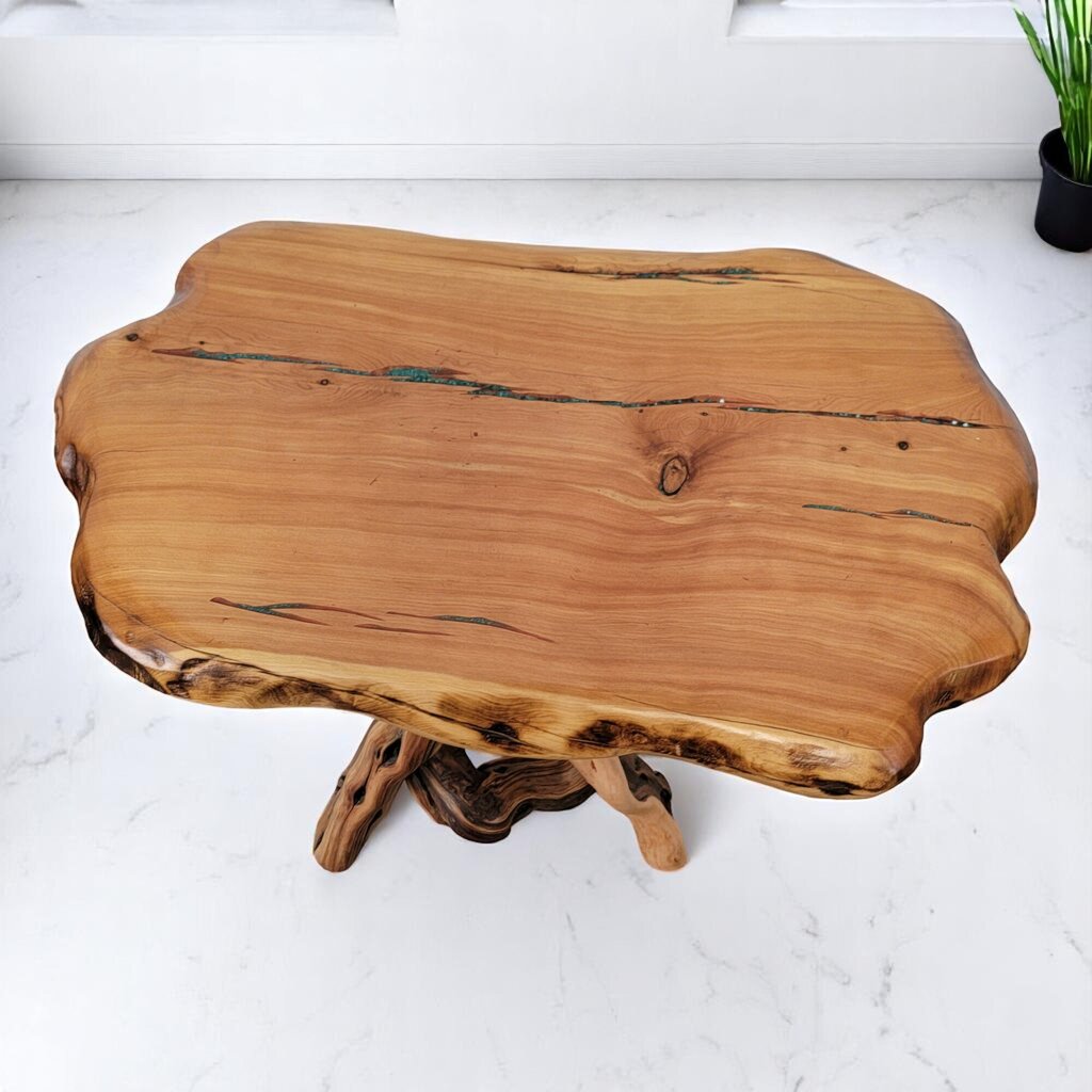 6632 Oval Mesquite Wood Slab and Branches Side #Table with Malachite Inlay