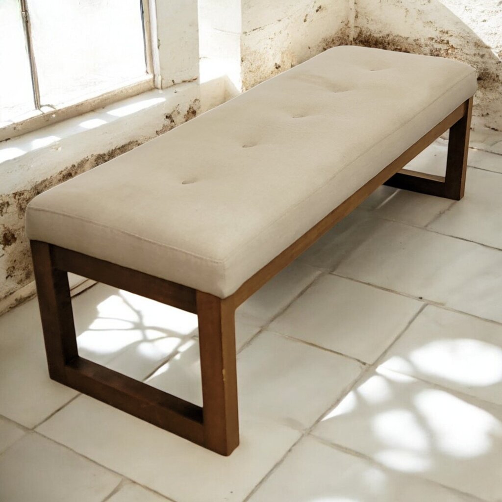 6745 Beige and Wood Tufted 3 Seater Bench
