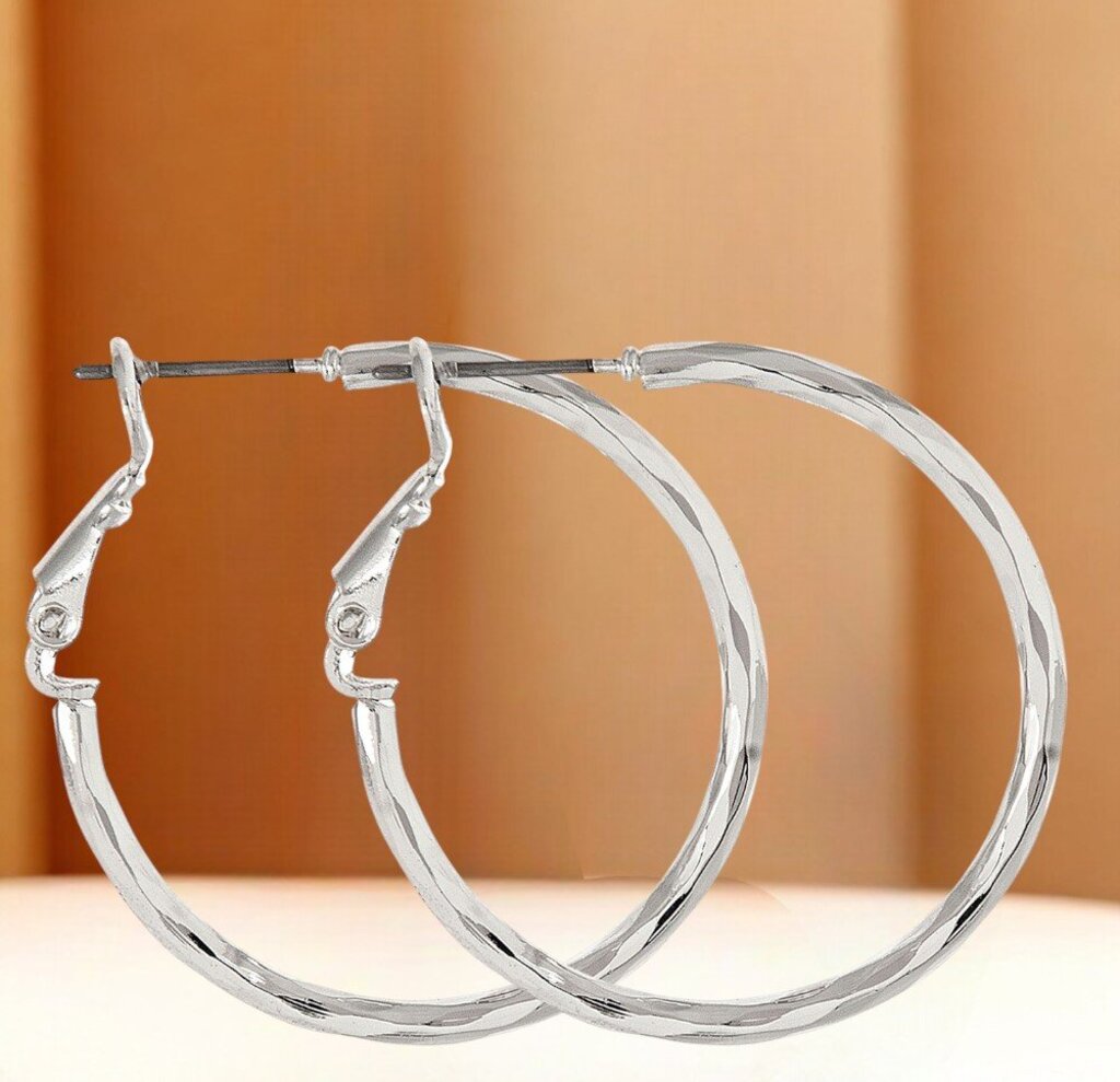 Silver Medium Hammered Hoop Earrings