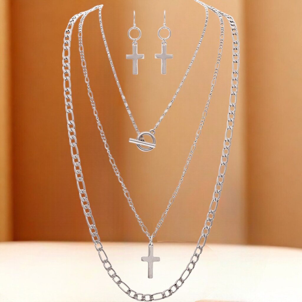 Layered Chain Toggle Cross Necklace Set