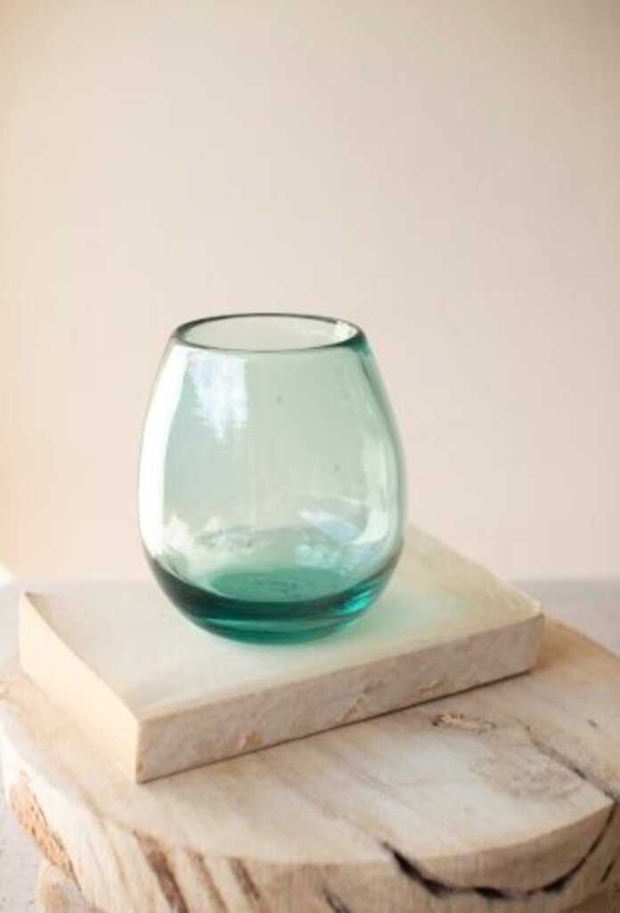 Handblown Stemless Clear Wine Glass 4" x 4.5"t 16 oz clear blue green New HOUSEWARES *Wholesale*