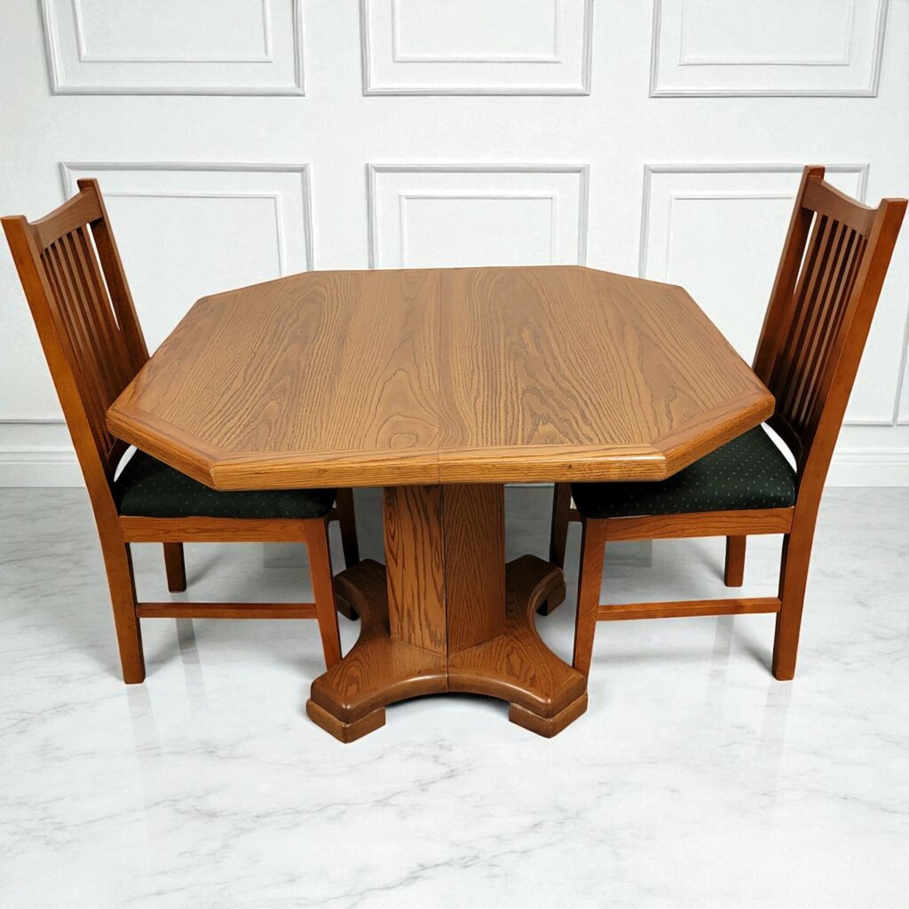 7026 Solid Oak Pedestal #Table and 2 Mission Oak Upholstered Chairs