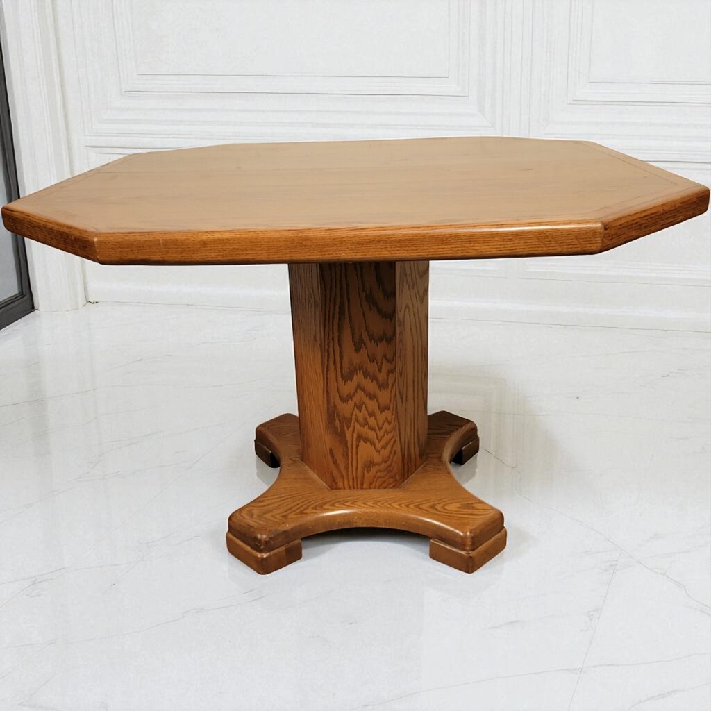 7026 Solid Oak Pedestal #Table and 2 Mission Oak Upholstered Chairs