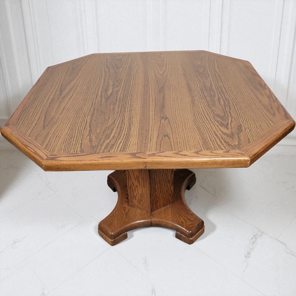 7026 Solid Oak Pedestal #Table and 2 Mission Oak Upholstered Chairs