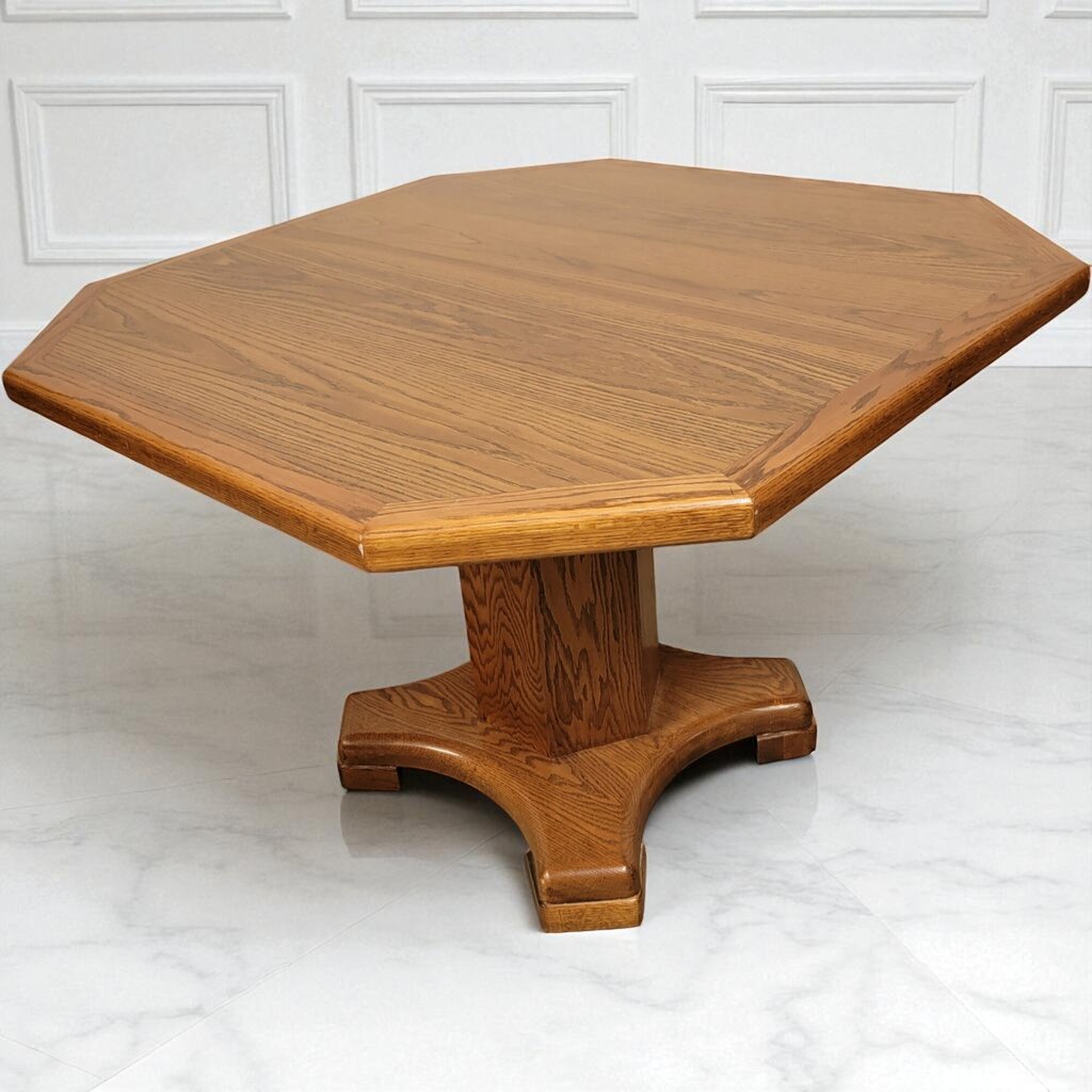 7026 Solid Oak Pedestal #Table and 2 Mission Oak Upholstered Chairs