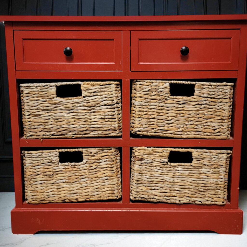 7044 Red 2 Drawer Storage #Cabinet with 4 Wicker Baskets