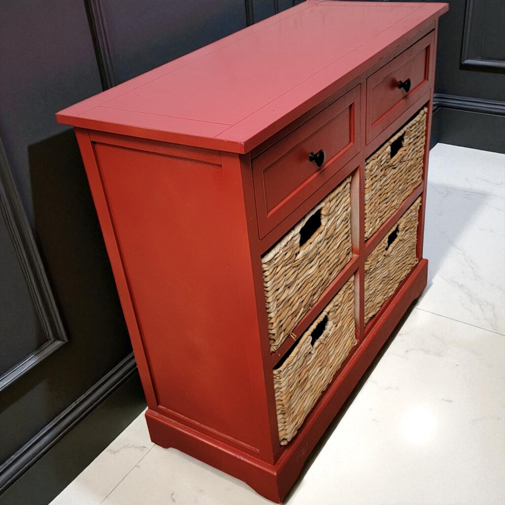 7044 Red 2 Drawer Storage #Cabinet with 4 Wicker Baskets