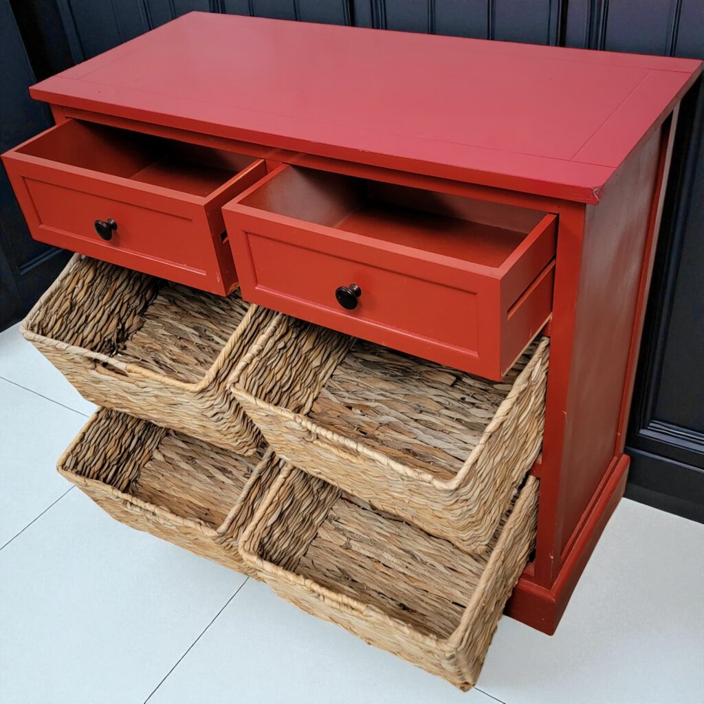 7044 Red 2 Drawer Storage #Cabinet with 4 Wicker Baskets