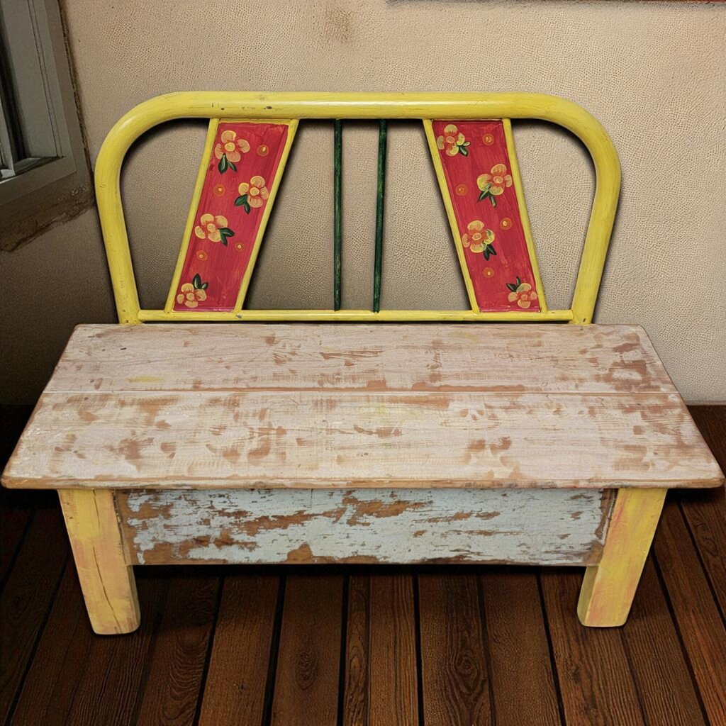 7080 Yellow Rustic Mexican Handmade Metal Headboard Wood Bench ~ FURNITURE