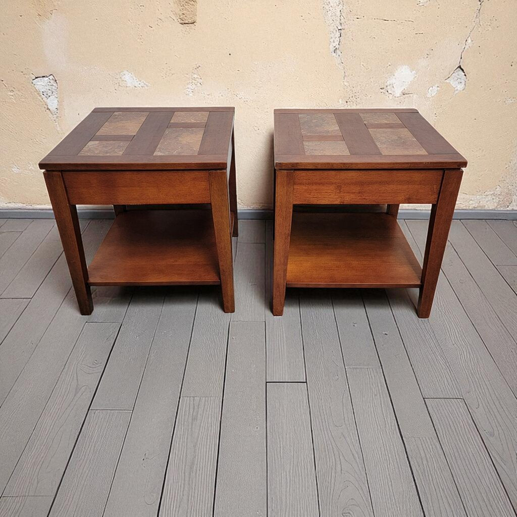 7111-7112 Inlaid Slate Top 2 Tier Side #Table with Drawer Furniture