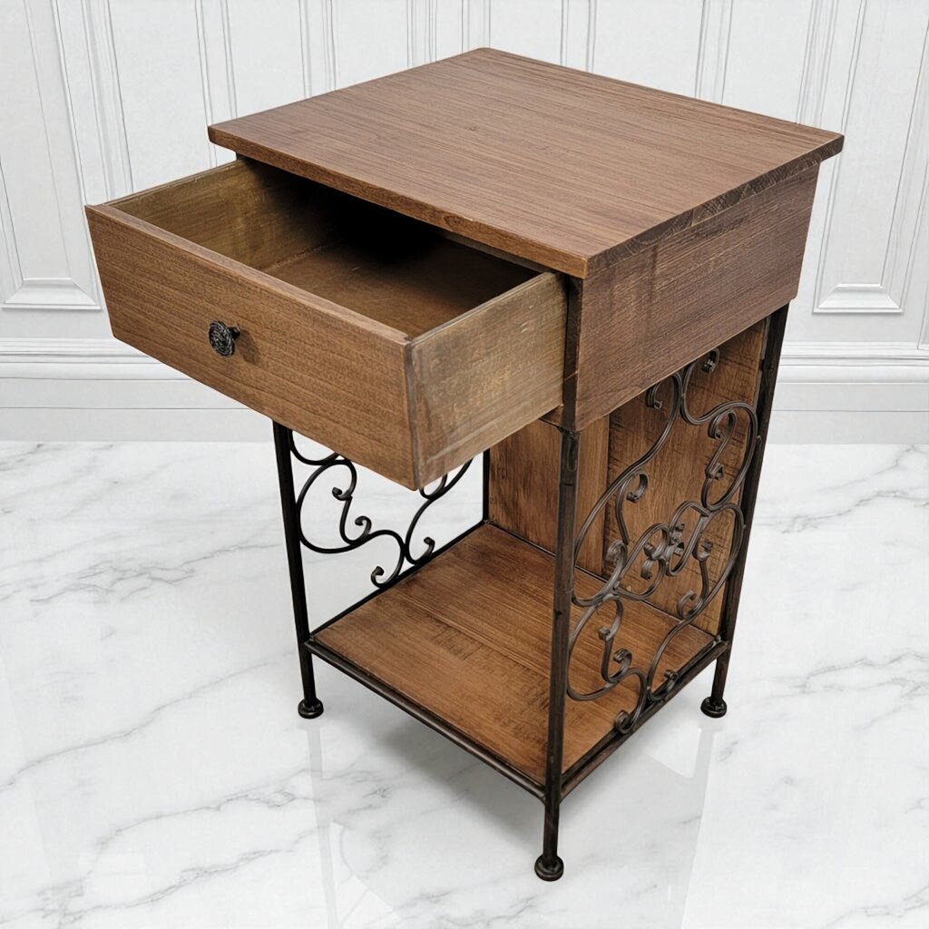 7121 Wood Accent #Table with Drawer and Scrolled Metal