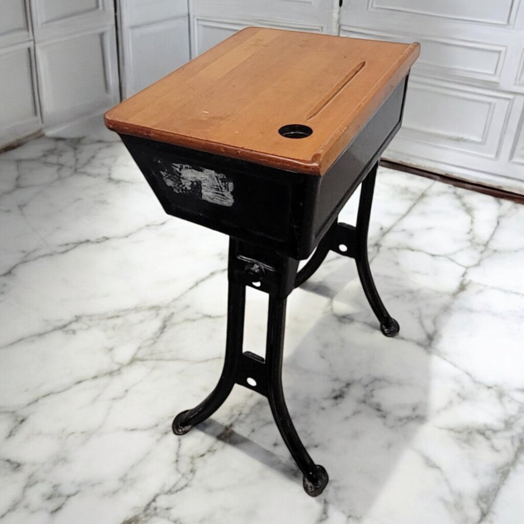7361 Vintage Wood and Metal School #Desk with Ink Well ~ Furniture