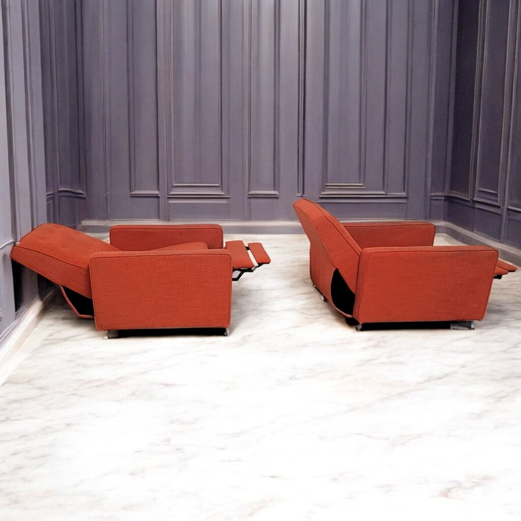 7619-7620 Mid Century Orange Tweed Recliner Chair