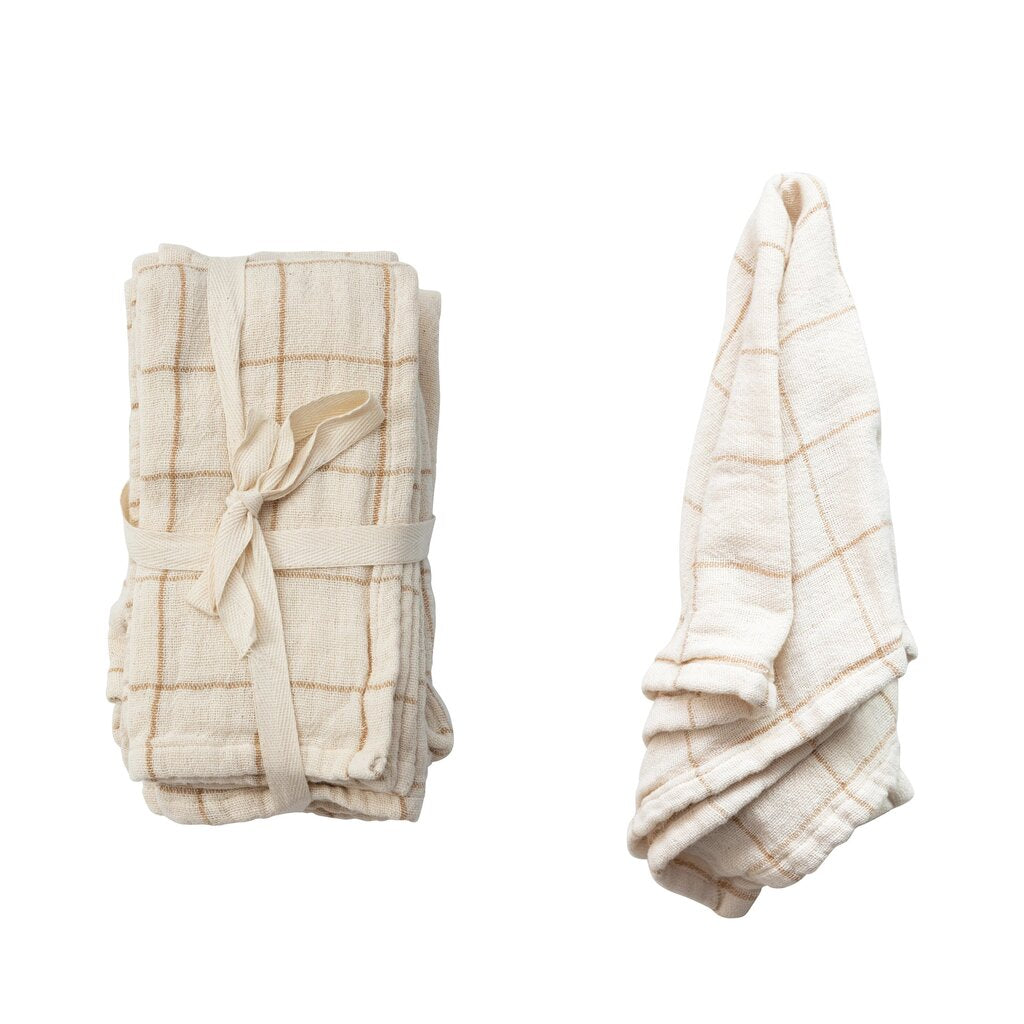 Cotton Double Cloth Napkins with Grid/Stripe Pattern 18" Square Cream New * Home