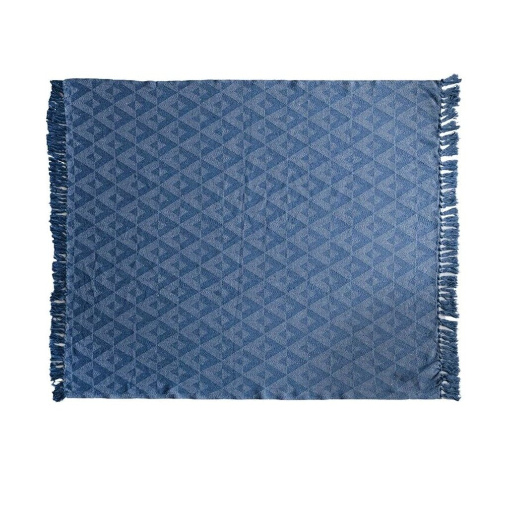 Woven Recycled Cotton Blend Throw w/ Triangle Pattern & Fringe 60"L x 50"W Blue New * Home
