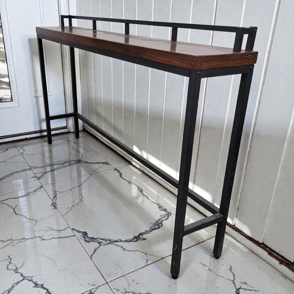 7963 Industrial Wood and Metal Console Table with Gallery Rail ~ FURNITURE