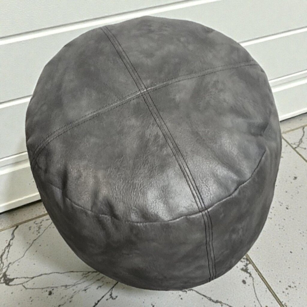 7990 Distressed Charcoal Faux-Leather Round #Pouf ~ FURNITURE