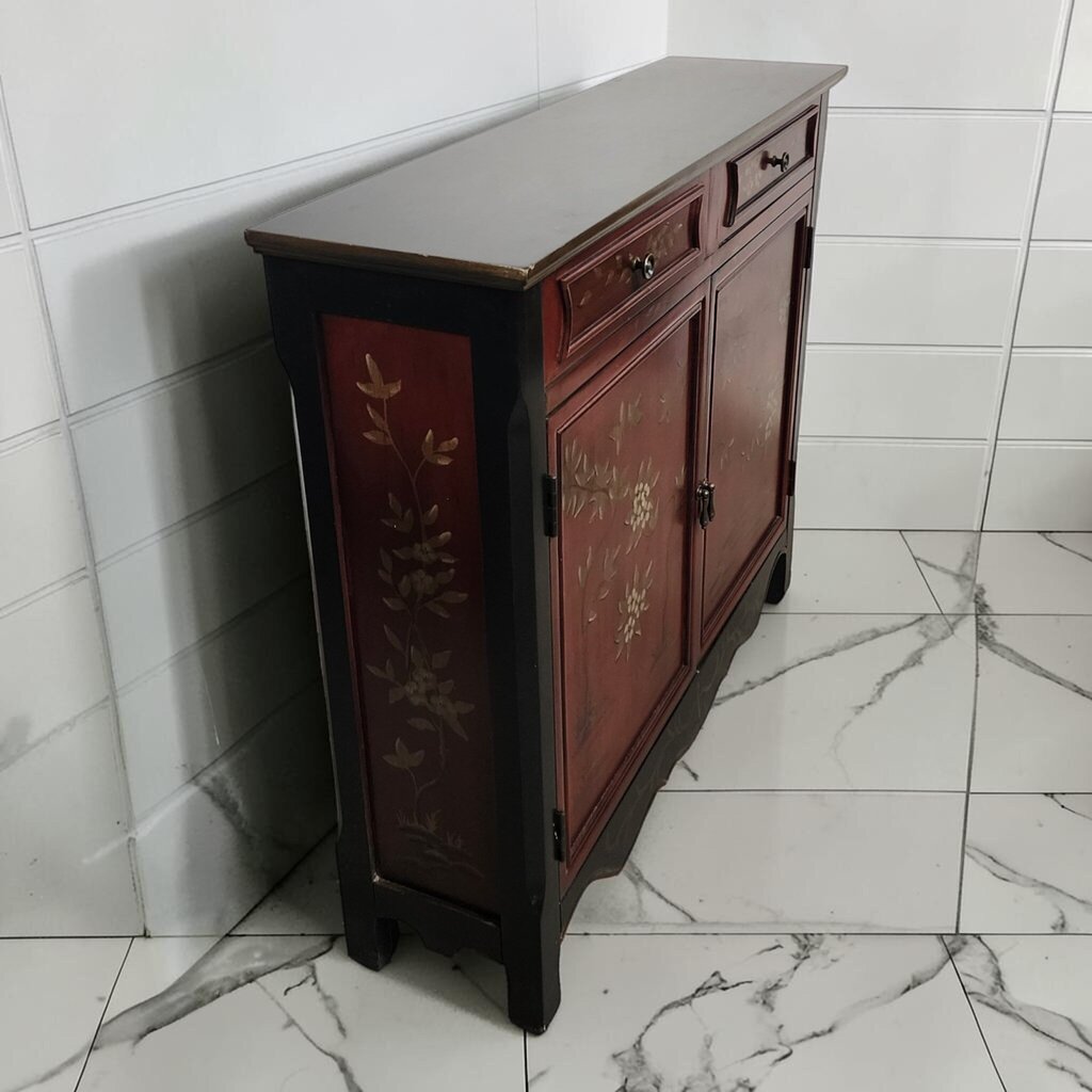 8112 Hand Painted Chinoiserie Style Red and Black Accent #Table Cabinet