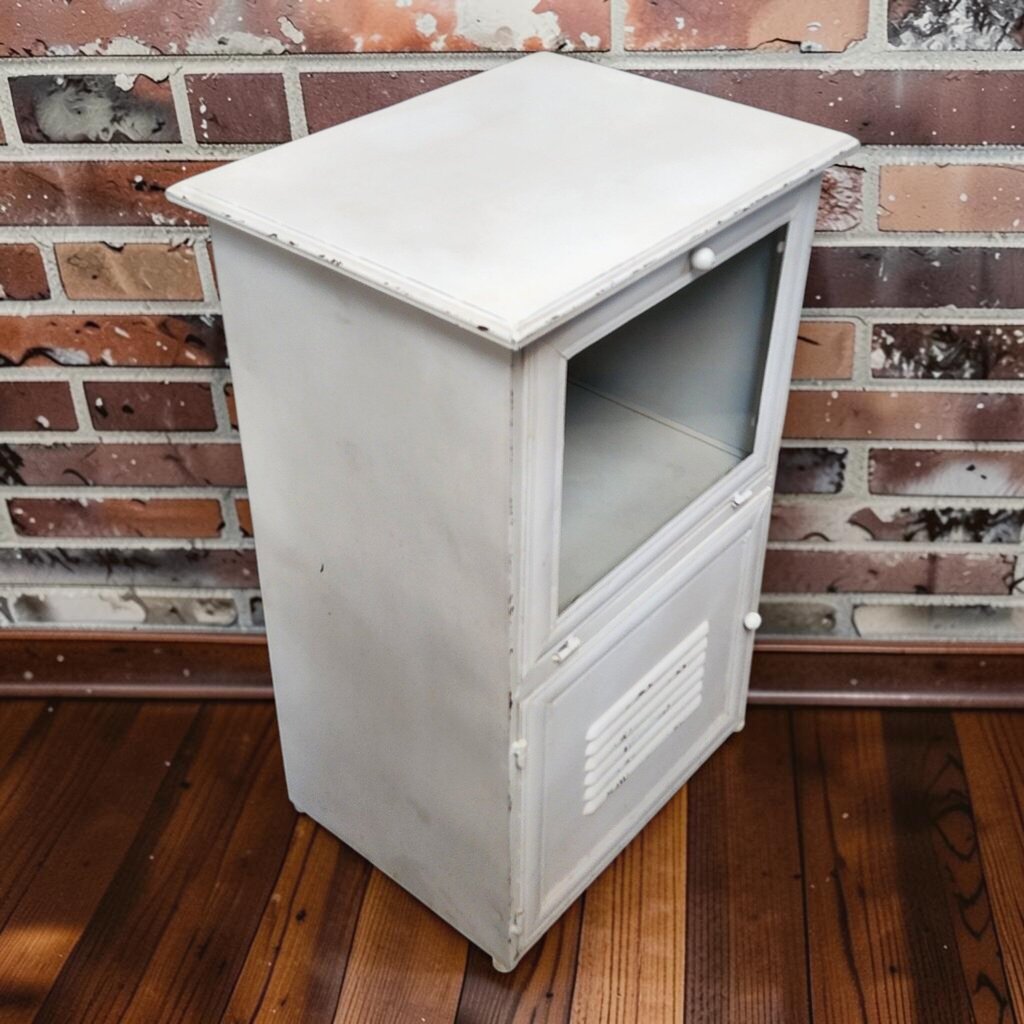 8235 Distressed White Metal Two-Tier Cabinet with Louvered Door