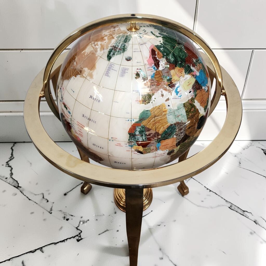 8252 Handcrafted Gemstone Inlay Floor #Globe with Gold Toned Tripod Stand