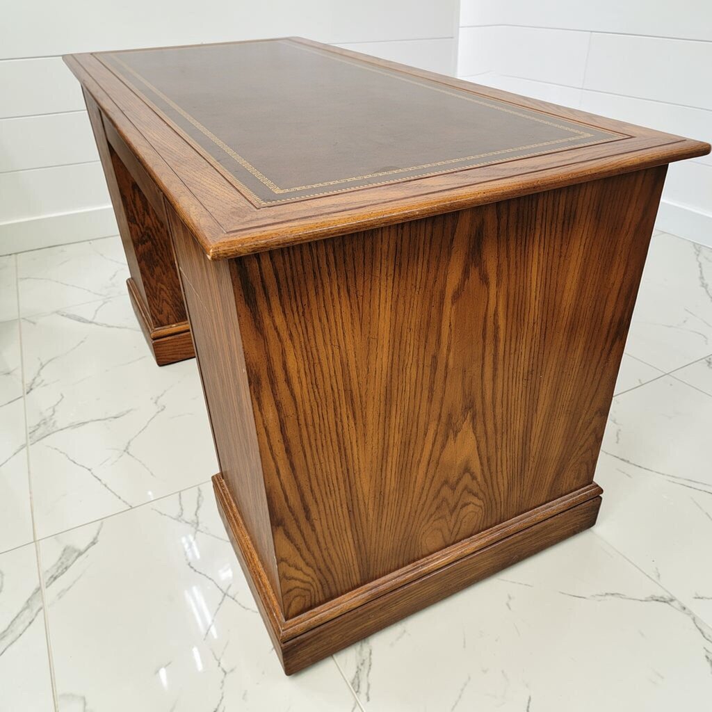 8296 Vintage Oak Double Pedestal Partner's #Desk with Tooled Leather Top