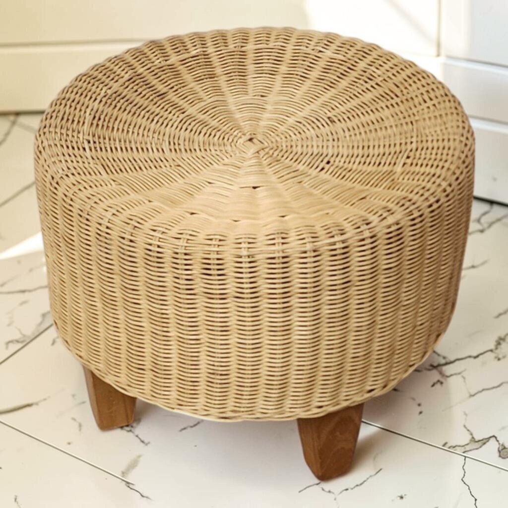 8388 Hand-Woven Rattan Drum Ottoman with Tapered Wooden Legs