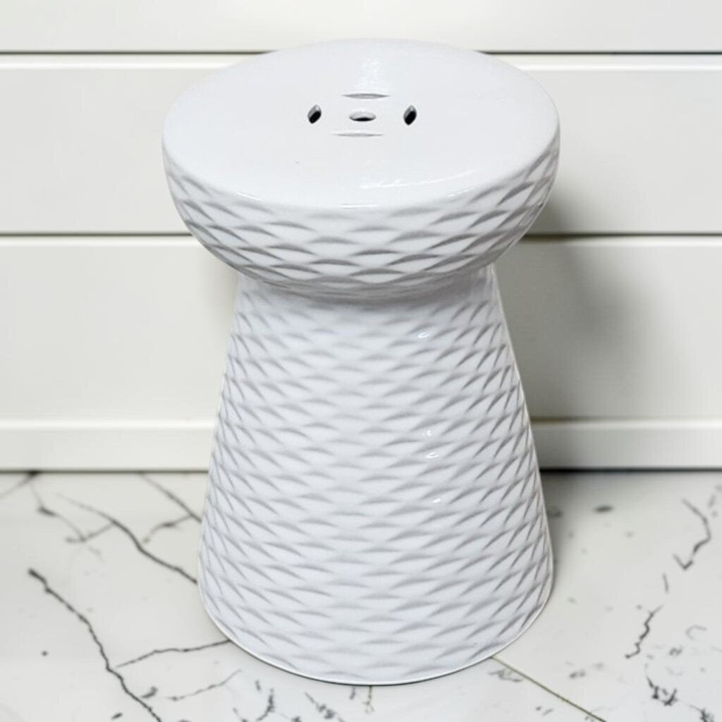 8389 Contemporary Diamond-Textured White Ceramic Pedestal Garden Stool