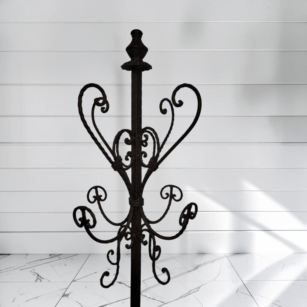 8397 Vintage Scrolled Wrought Iron Standing Coat Rack