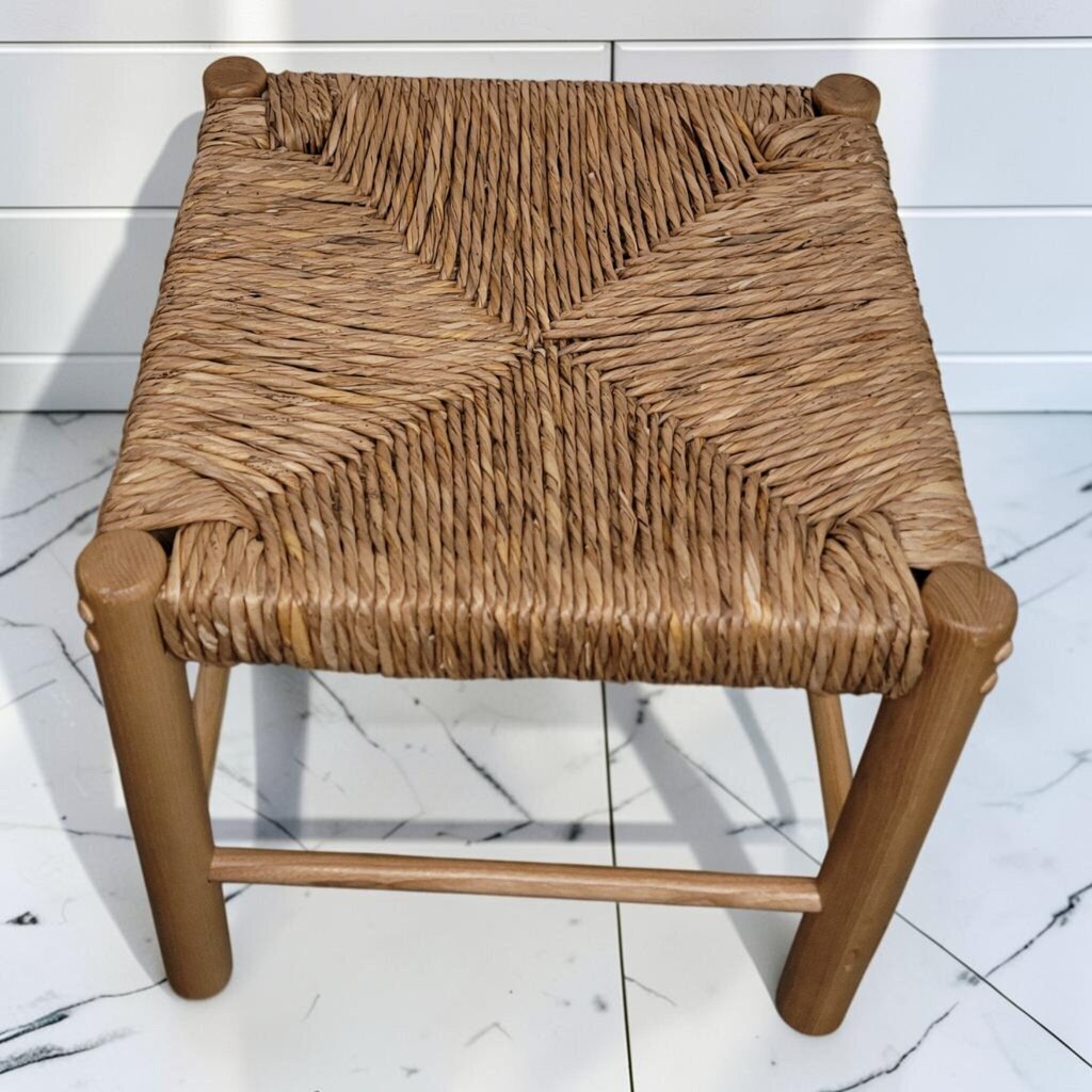 8449 Mid-Century Modern Style Rush and Wood Stool ~ FURNITURE