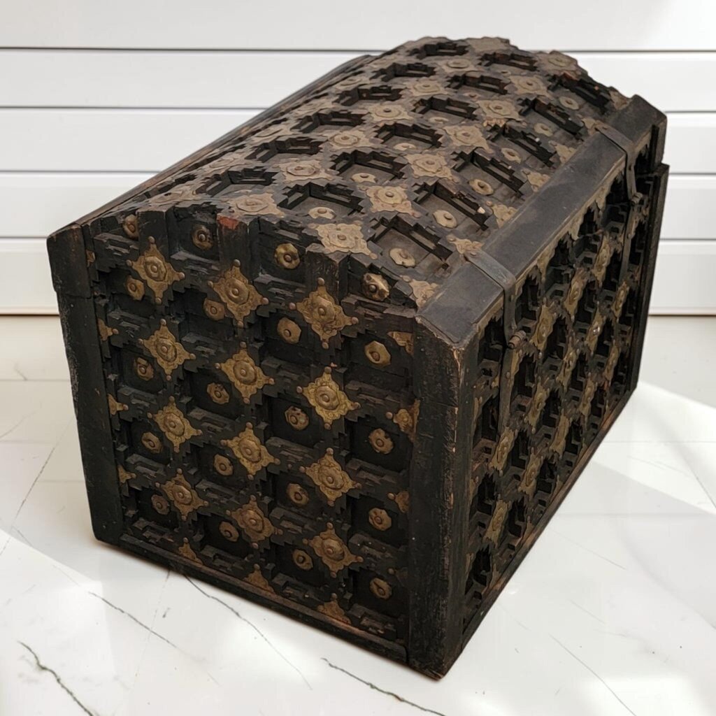8467 Antique Indian Brass-Mounted Teak Wood Dowry Chest