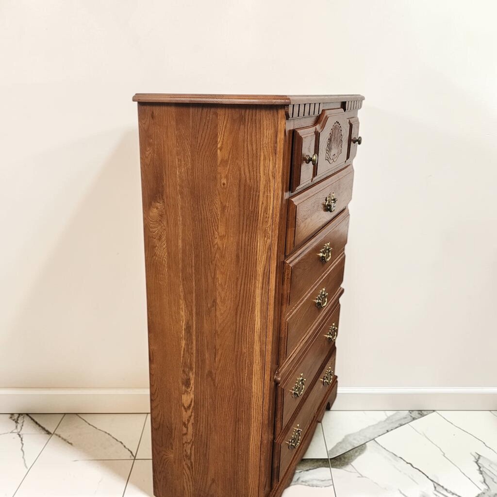 8643 Vintage Carved Oak Highboy Chest of Drawers
