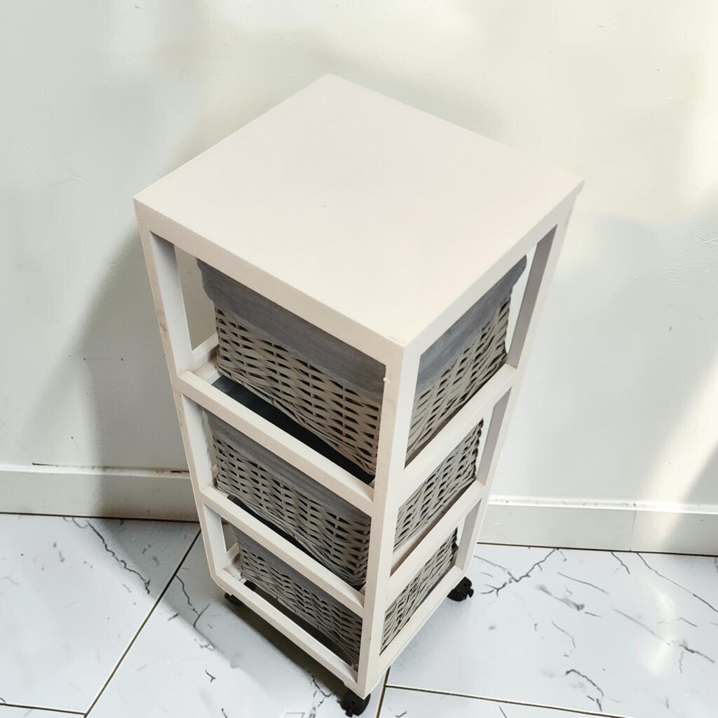 8657 3 Tier White Rolling Storage Cart with Grey Wicker Baskets