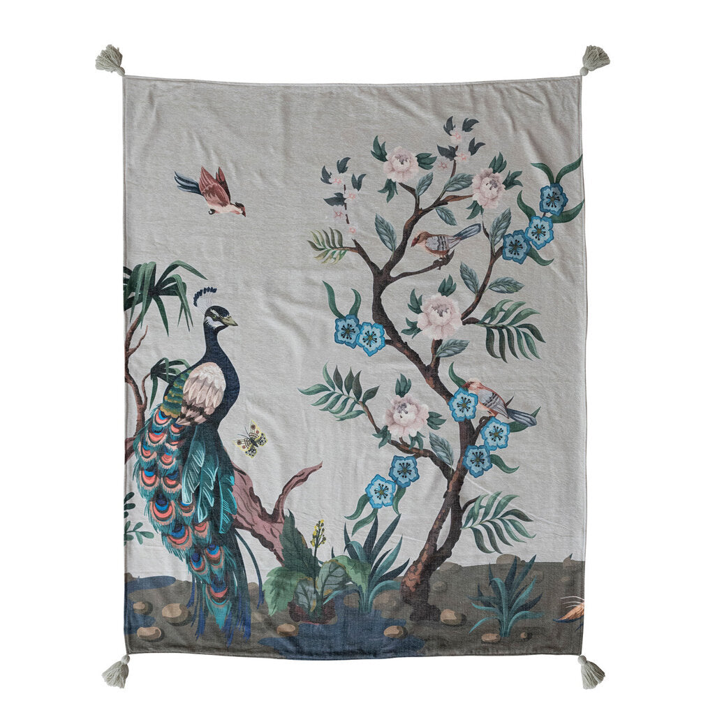 Chenille Throw with Peacock, Birds, Butterfly, Botanicals