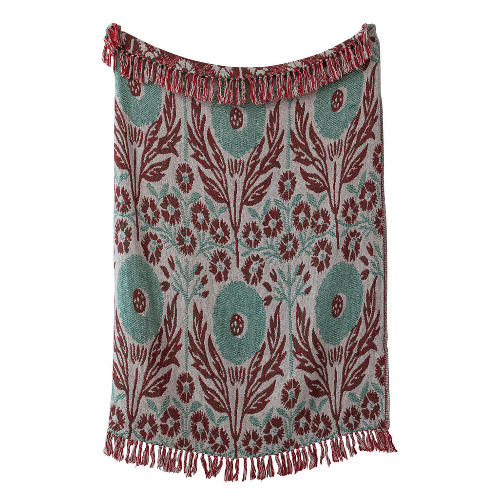 Jacquard Throw | Flower Pattern | Green & Berry Color