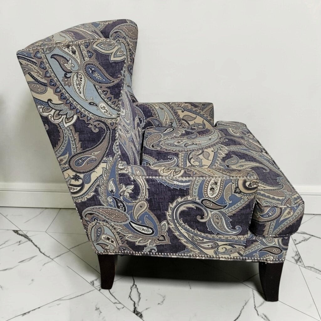 8853 Blue Paisely Wingback #Chair with Nailhead Trim